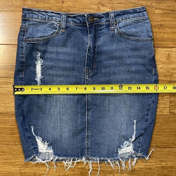 Wax Jean Distressed Denim Mini Skirt Women's Small Blue Wash Raw Hem Rockabilly - Picture 7 of 8